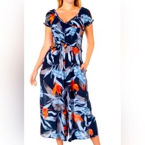 Patrons of Peace Tropical Print Jumpsuit Size L Smocked Ruffle Neckline Wide Leg